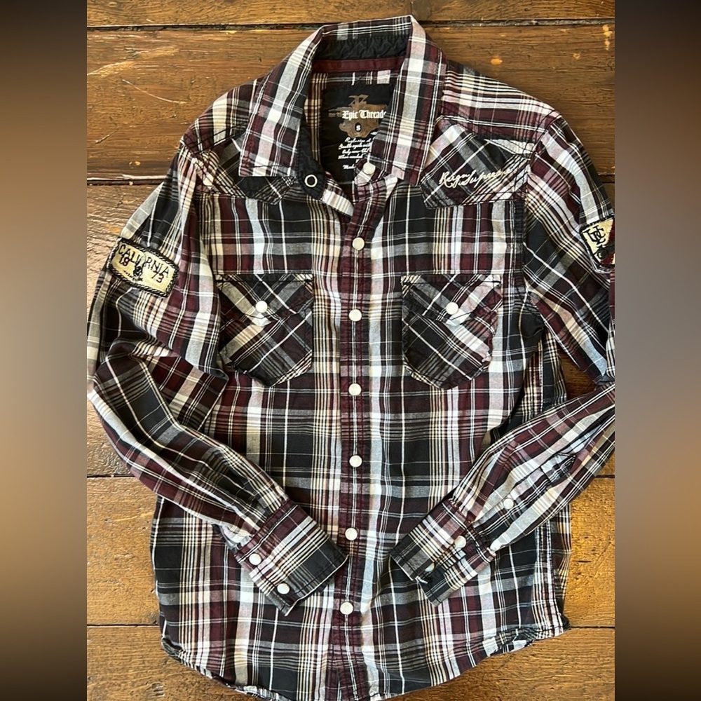 Epic Threads plaid shirt with patches